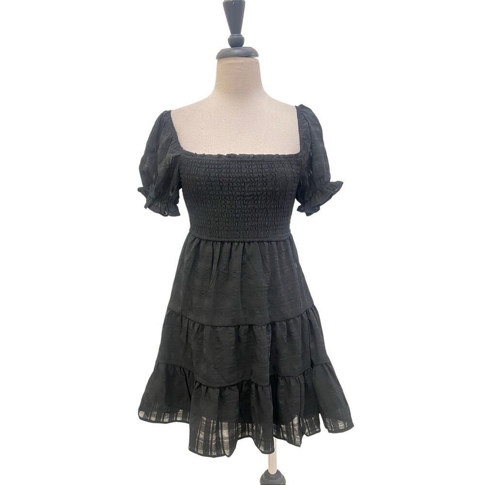 Thirty/Thirty LA Womens Textured Smocked Tiered Fit & Flare Dress Black XS NWT